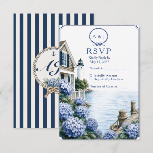 Kust Cape Cod Hydrangea Cottage Bruiloft RSVP Kaartje (Voorkant / Achterkant)