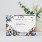 Kust Cape Cod Hydrangea Cottage Bruiloft RSVP Kaartje (Staand voorkant)
