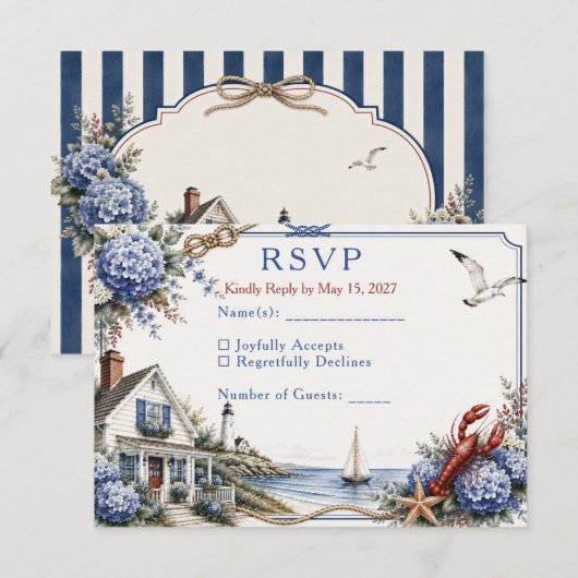 Kust Cape Cod Hydrangea Cottage Bruiloft RSVP Kaartje (Voorkant / Achterkant)
