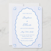 Kust Chic Blauw & Wit Gestreept Wavy bruiloft Save The Date (Voorkant)
