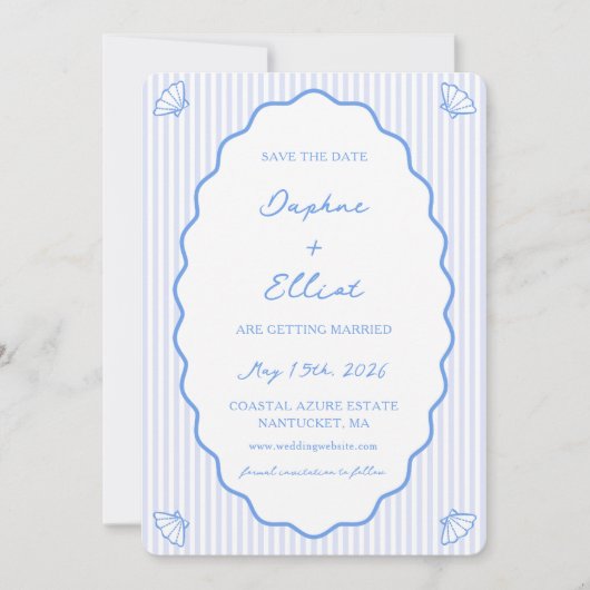 Kust Chic Blauw & Wit Gestreept Wavy bruiloft Save The Date (Voorkant)