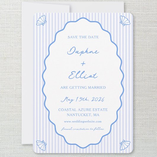 Kust Chic Blauw & Wit Gestreept Wavy bruiloft Save The Date