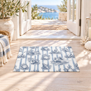 Kust chic blauwe strepen schelpen Toile de Jouy Deurmat