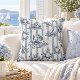 Kust chic blauwe strepen schelpen Toile de Jouy Kussen