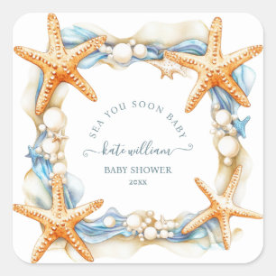 Kust chic blauwe zee zien we je snel Baby Shower Vierkante Sticker