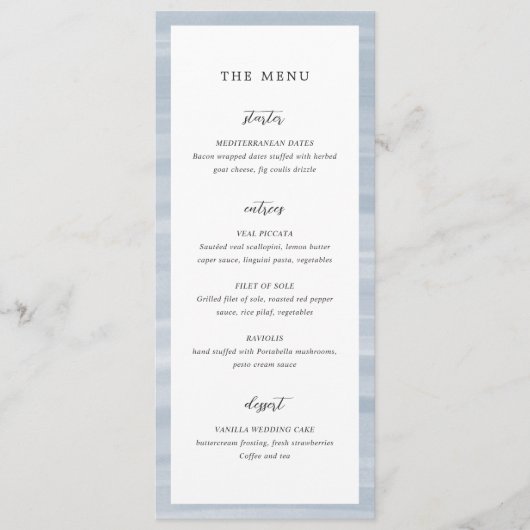Kust Chic gedempt blauw elegante bruiloft Menu (Voorkant)