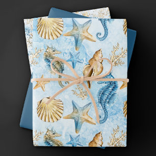 Kust Chic Modern Blauw en Goud Onder de Zee Inpakpapier Vel
