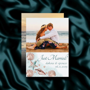 Kust Chic   Teal en Koraalrif Foto Bruiloft Aankondiging