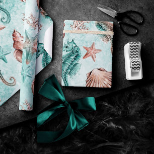 Kust Chic   Teal en Koraalrif Pastel Patroon Cadeaupapier