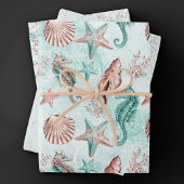 Kust Chic | Teal en Koraalrif Pastel Patroon Inpakpapier Vel