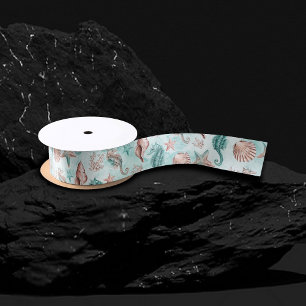 Kust Chic Teal en Koraalrif Pastel Patroon Satijnen Lint