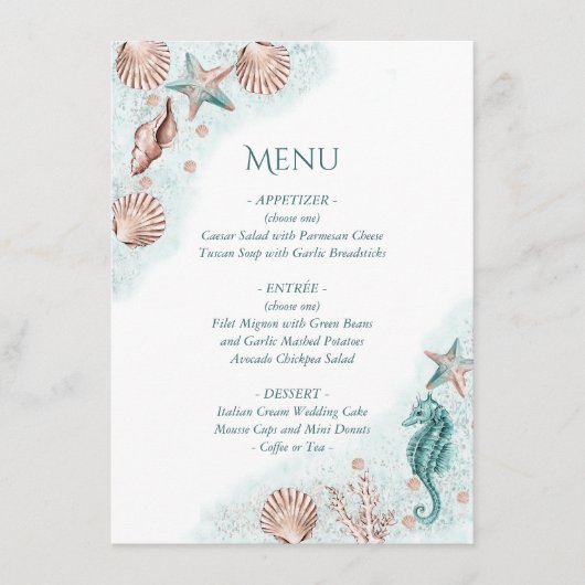 Kust Chic | Turquoise Groen en Koraalrif Feest Menu (Voorkant)