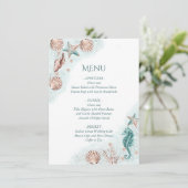 Kust Chic | Turquoise Groen en Koraalrif Feest Menu (Staand voorkant)