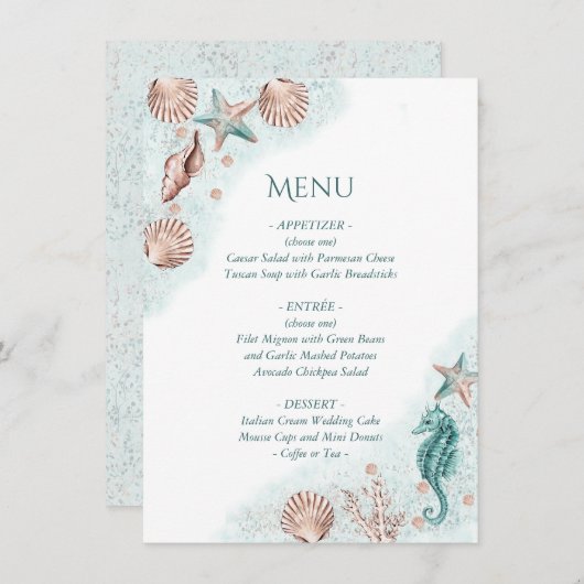 Kust Chic | Turquoise Groen en Koraalrif Feest Menu (Voorkant / Achterkant)