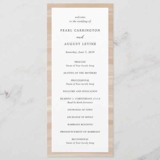 Kust Chic Zanderige Neutrale Elegante Bruiloft Programmakaart (Voorkant)