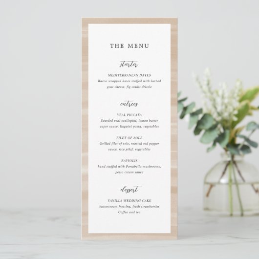 Kust Chic Zandige Neutrale Elegante Trouwdag Menu (Staand voorkant)