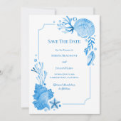 Kust Chic Zeeblauwe Schelpen & Zeesterren Save The Date (Voorkant)