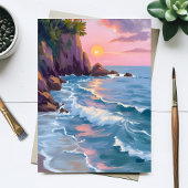 Kust Cotton Candy Zonsondergang Aquarel Verfkaart