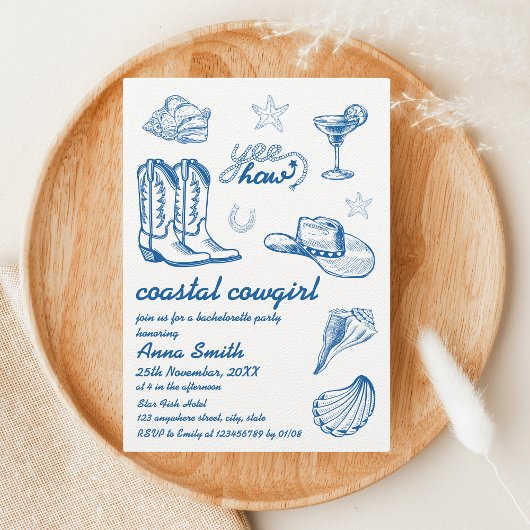 Kust Cowgirl Blauw Handgeschreven Bachelorette Kaart