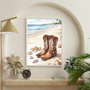 Kust Cowgirl Bruine Laarzen op Zand Oceaan Strand Poster