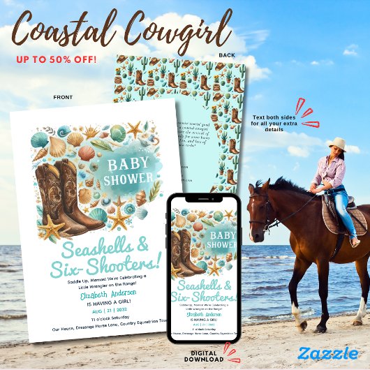 ⭐Kust Cowgirl Schelpen Baby Shower Turkoois Kaart