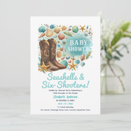 ⭐Kust Cowgirl Schelpen Baby Shower Turkoois Kaart (Staand voorkant)