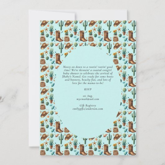 ⭐Kust Cowgirl Schelpen Baby Shower Turkoois Kaart (Achterkant)