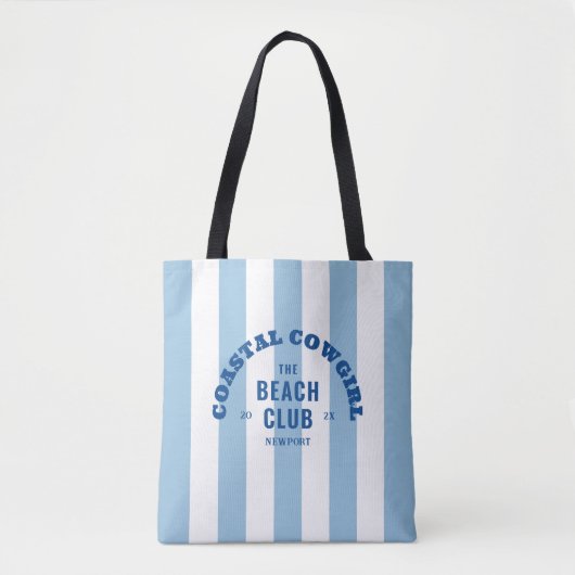 Kust Cowgirl The Beach Club Blauwe Cabana Streep Tote Bag (Voorkant)