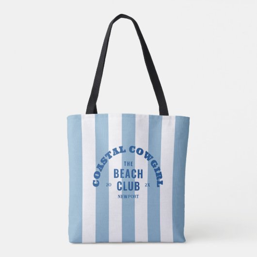 Kust Cowgirl The Beach Club Blauwe Cabana Streep Tote Bag (Achterkant)