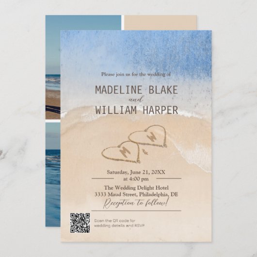 Kust Drie foto's Bruiloft Uitnodiging Sjabloon (Voorkant / Achterkant)