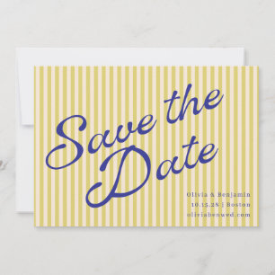 Kust Geel Blauw Retro Streep Huwelijksschrift Save The Date