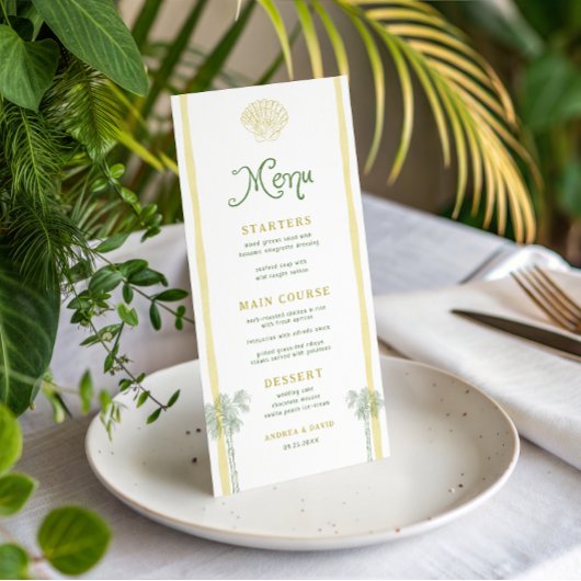Kust Gele Strepen Schelp Palmboom Bruiloft Menu