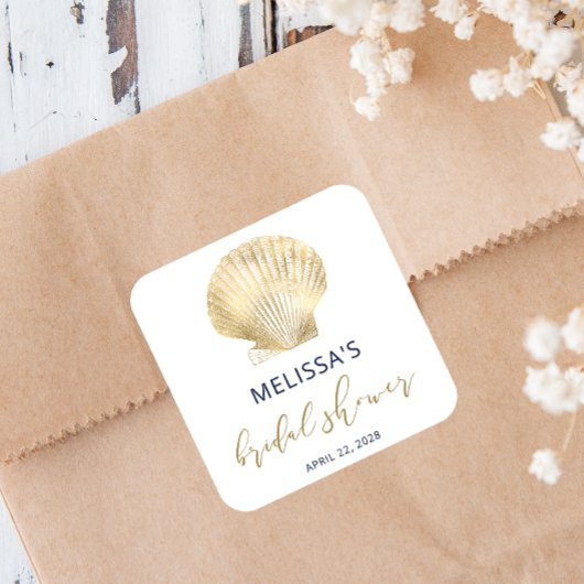Kust Goud Schelp Marineblauw Bruidsfeest Vieringka Vierkante Sticker