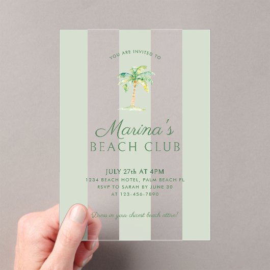 Kust Groene Cabana Stripes Palm Beach Verjaardag Acryl Uitnodigingen (Insitu (Draagbaar))