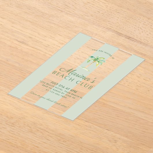 Kust Groene Cabana Stripes Palm Beach Verjaardag Acryl Uitnodigingen (Laagn)