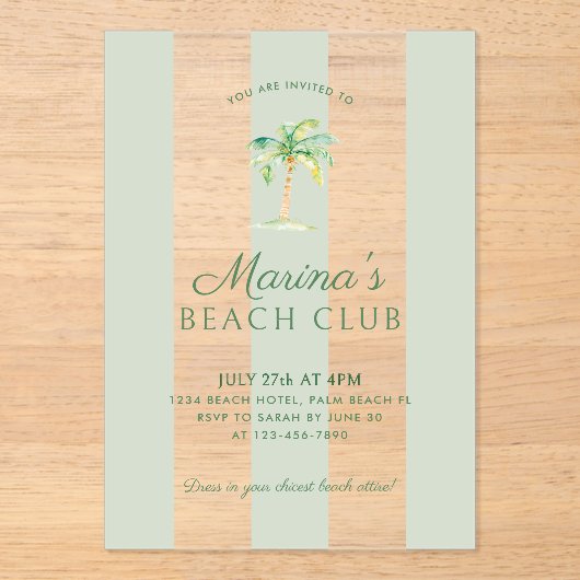 Kust Groene Cabana Stripes Palm Beach Verjaardag Acryl Uitnodigingen (Voorkant)
