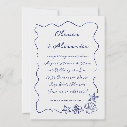 Kust Hand getrokken Sea Shells Doodle Wedding Kaart (Voorkant)