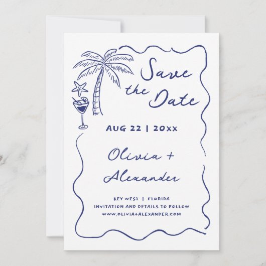 Kust Handgetekende Doodle Strand Bruiloft Save The Date (Voorkant)