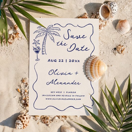 Kust Handgetekende Doodle Strand Huwelijk Save The Date