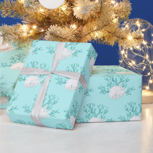 Kust Kerst Aqua Blue Zeesterren Zanddollar Cadeaupapier