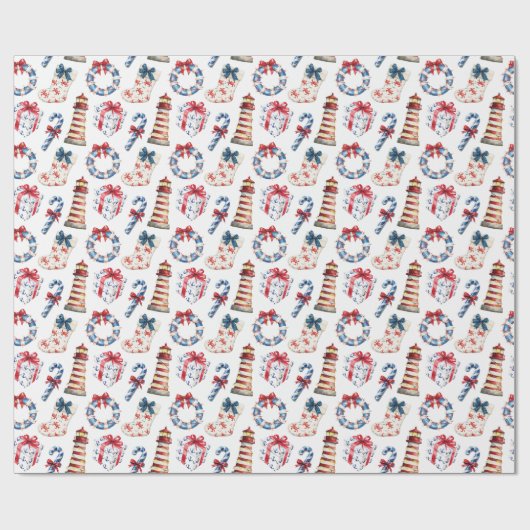 Kust Kerst Blauw en Rood Nautisch Cadeaupapier (Vlak)