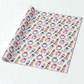 Kust Kerst Blauw en Rood Nautisch Cadeaupapier (Uitgerold)