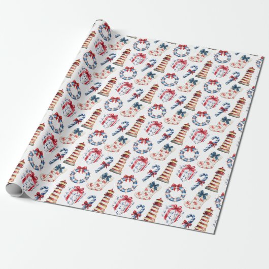 Kust Kerst Blauw en Rood Nautisch Cadeaupapier (Uitgerold)