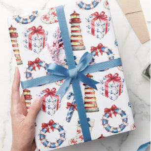 Kust Kerst Blauw en Rood Nautisch Cadeaupapier