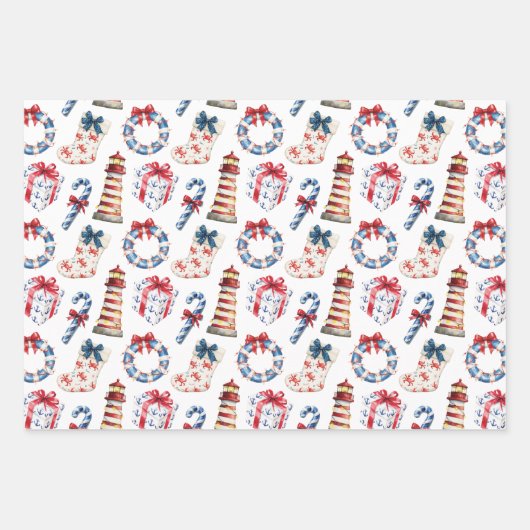 Kust Kerst Blauw en Rood Nautisch Inpakpapier Vel (Voorkant 3)