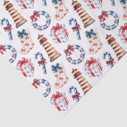 Kust Kerst Blauw en Rood Nautisch Tissuepapier (Detail)