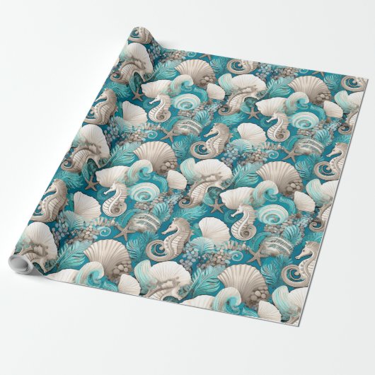 Kust Kerst Bold Zeepaardpatroon#4 ID1009 Cadeaupapier (Uitgerold)