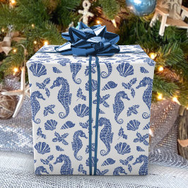 Kust Kerst Marine Blue Seahorse Glitter Cadeaupapier