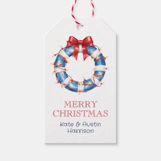 Kust Kerst Nautische Boog Life Preserver Cadeaulabel (Voorkant)