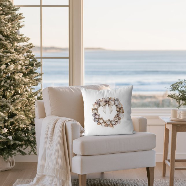 Kust Kerst Oester Schelp Krans Vakantie Kussen (Oyster Wreath Coastal Christmas Pillow)
